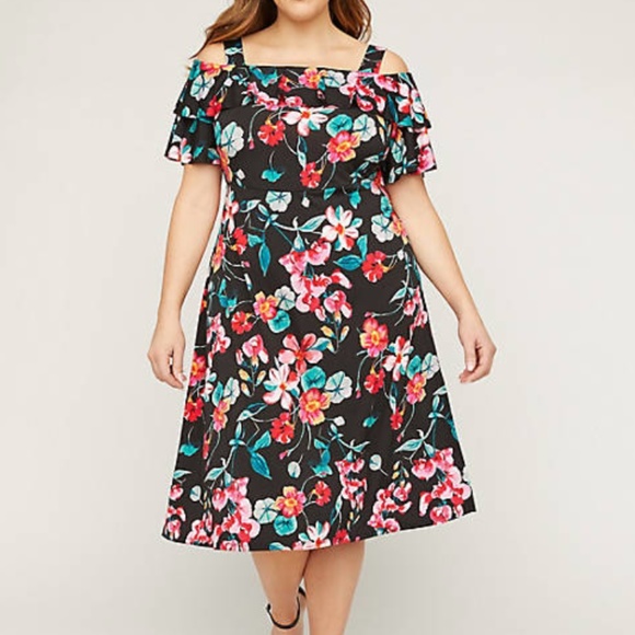 Floral Cold-Shoulder Fit & Flare Dress Catherines
